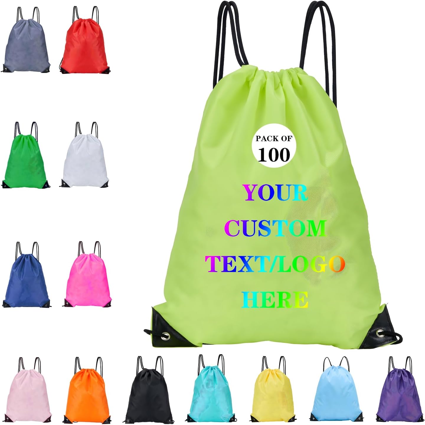 Custom Bags With Your Logo Set of 100 Custom Backpack Draw String Bags Pack Bulk for Travelling Swimming Gym Everyday Use (Yellowish green)