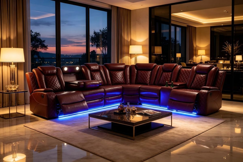 A Ainehome Power LED Reclining Sectional Sofa Set, Living Room Power Recliner Adjustable Sofa, Loveseat and Chair with Storage Console for Home/Office(A-Brown)
