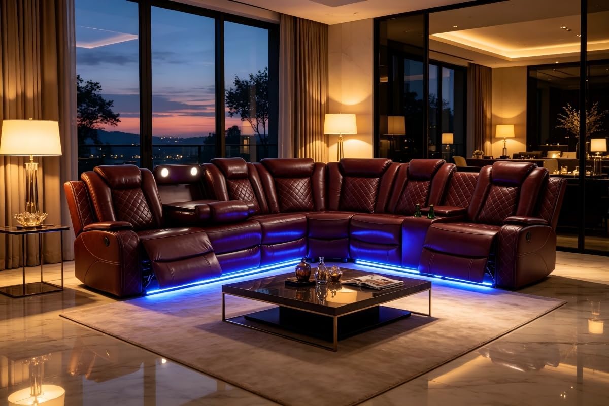 A Ainehome Power LED Reclining Sectional Sofa Set, Living Room Power Recliner Adjustable Sofa, Loveseat and Chair with Storage Console for Home/Office(A-Brown)