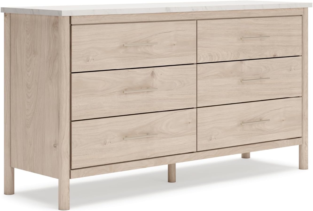 Signature Design by Ashley Cadmori Casual Bohemian Dresser with Post Legs and 6 Drawers, Replicated Marble Top, Wood, 35' High, White and Light Brown Finish