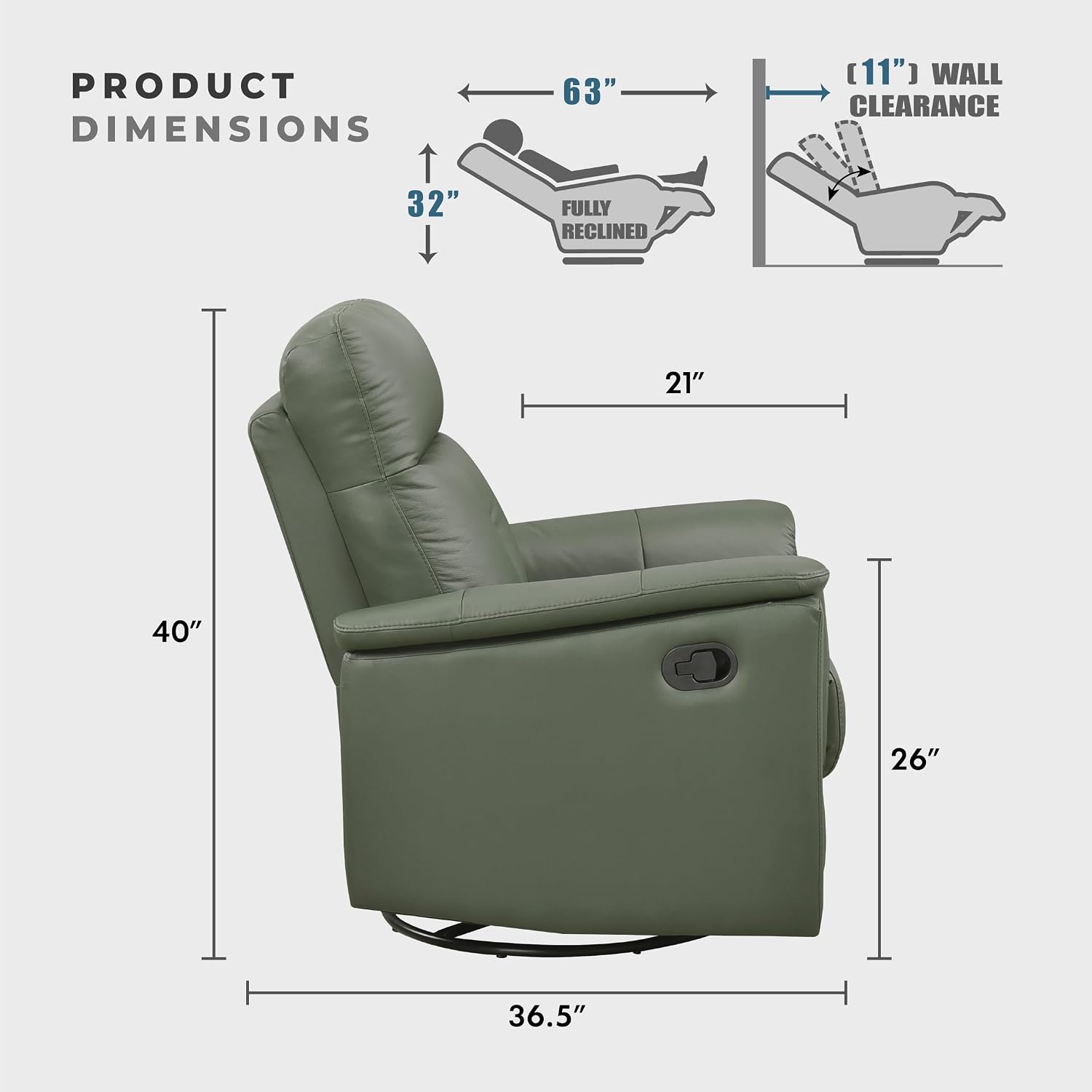 Lexicon Swivel Glider Recliner Chair, Comfy Nursery Glider, Top Grain Leather Match Recliner, Manual Reclining Chair for Living Room/Office/Apartment, Green