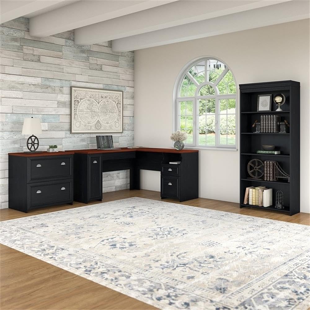 Bush Home Fairview 60W L Shaped Desk with Lateral File Cabinet and 5 Shelf Bookcase in Antique Black and Hansen Cherry