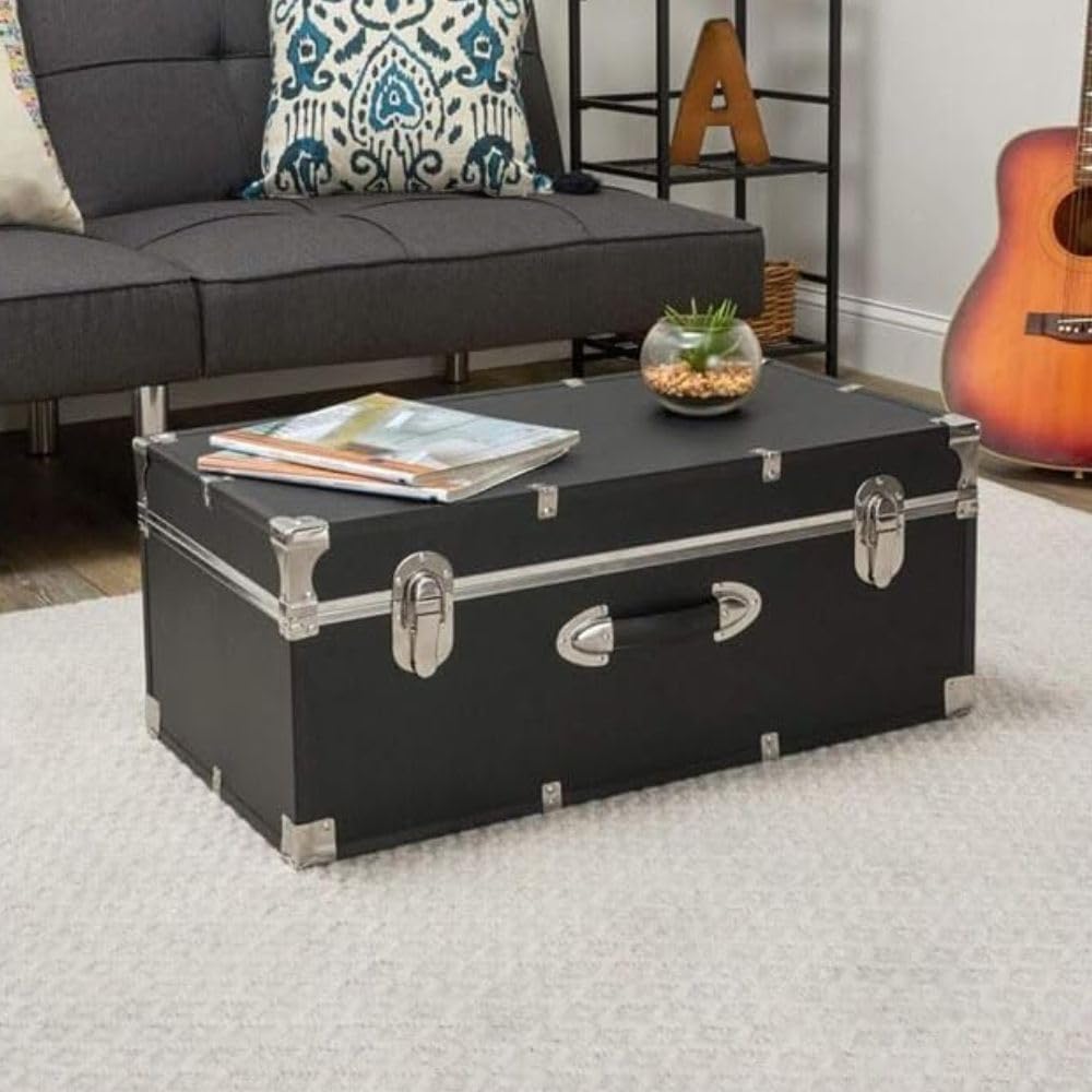 30-Inch Storage Trunk Lockable College Dorm Footlocker Heavy-Duty Camp Chest Travel Organizer Durable Wooden Utility Box with Nickel Hardware for Bedroom Office, Black Finish