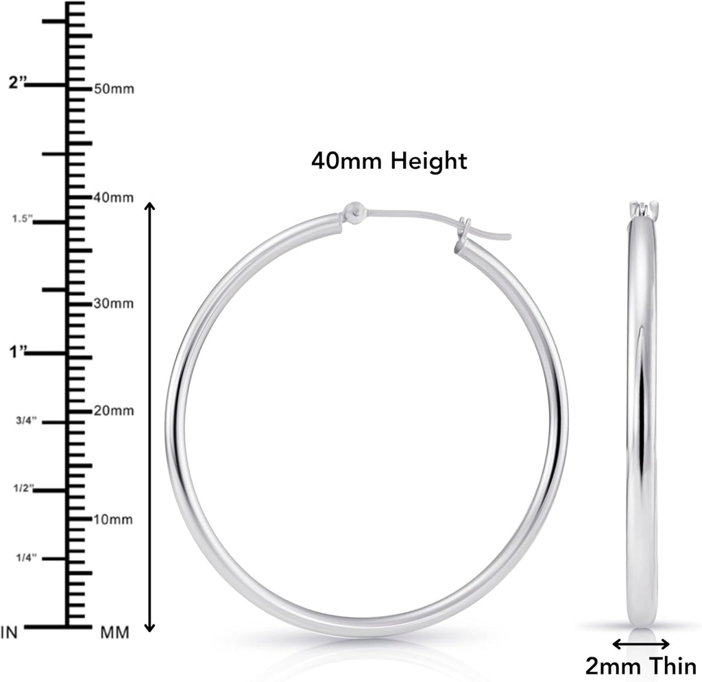 Classic 10K White Gold Hoop Earrings - Shiny Polished Plain Round Gold Hoops for Women and Men
