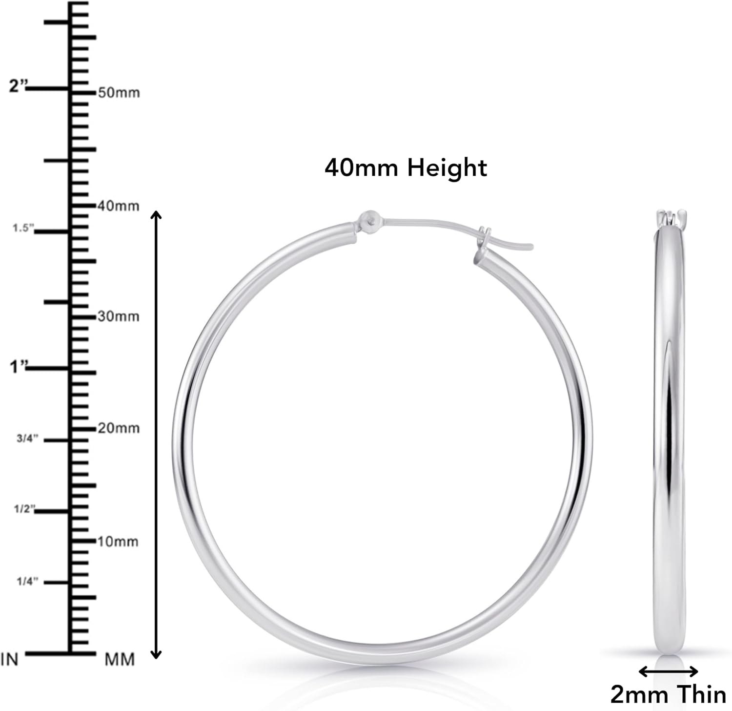 Classic 10K White Gold Hoop Earrings - Shiny Polished Plain Round Gold Hoops for Women and Men
