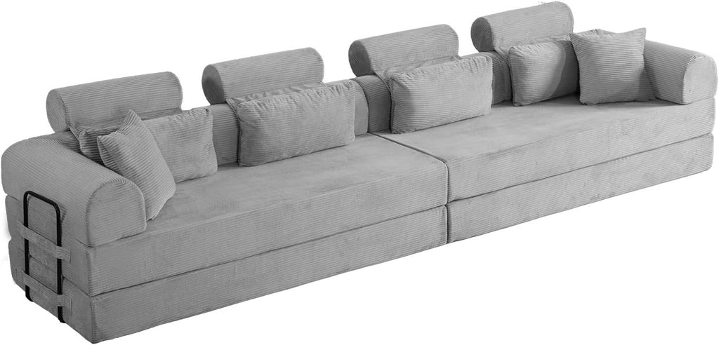 KEIKI 6-in-1 Folding Convertible High Back Sofa Sleeper, 106' Oversized Modular Sectional Corduroy UpholsteredL Shape Couches for Living Room, High-Density Foam Chaise Lounge Indoor, Light Gray