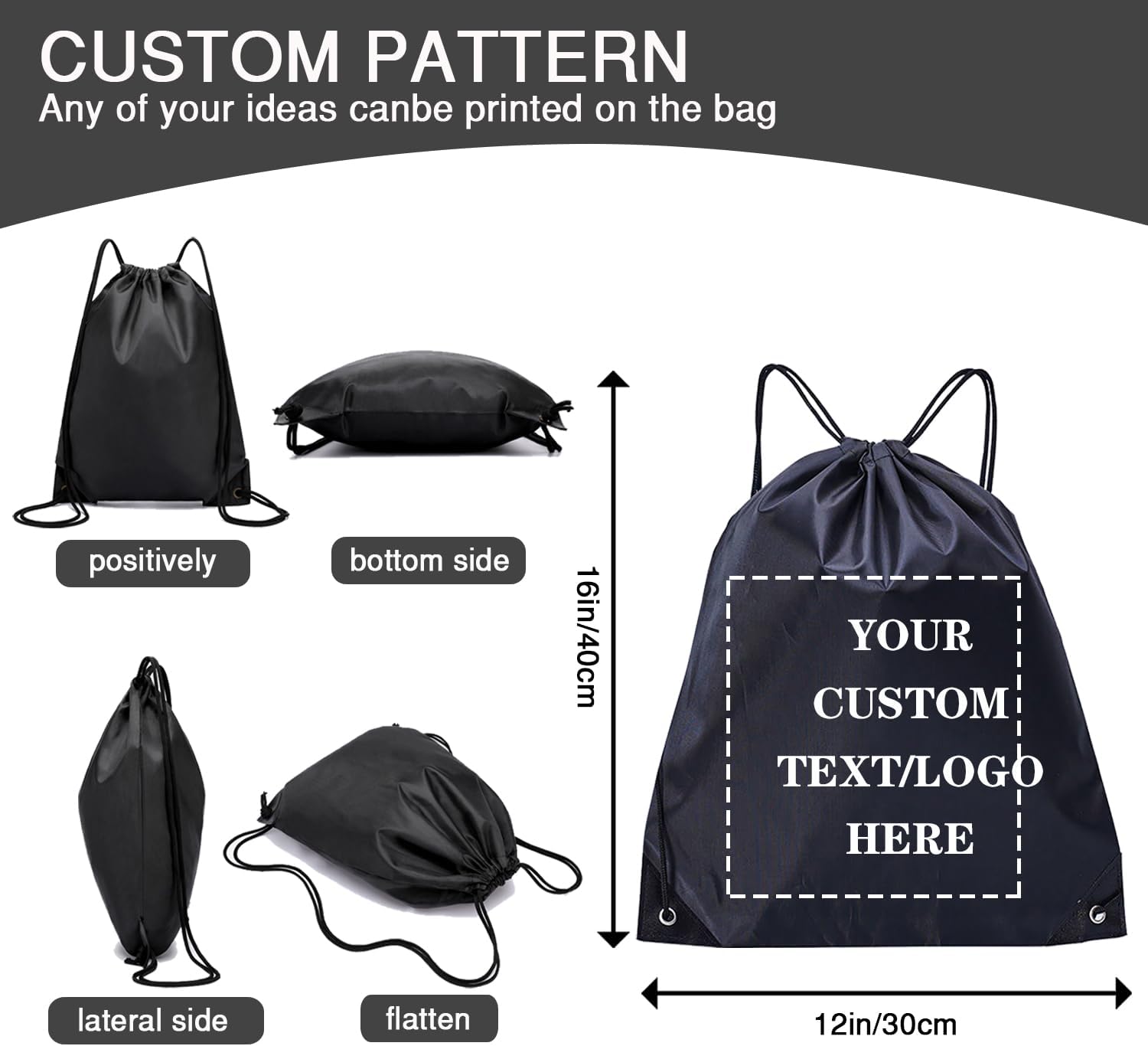 Custom Bags With Your Logo Set of 100 Custom Backpack Draw String Bags Pack Bulk for Travelling Swimming Gym Everyday Use (Black)