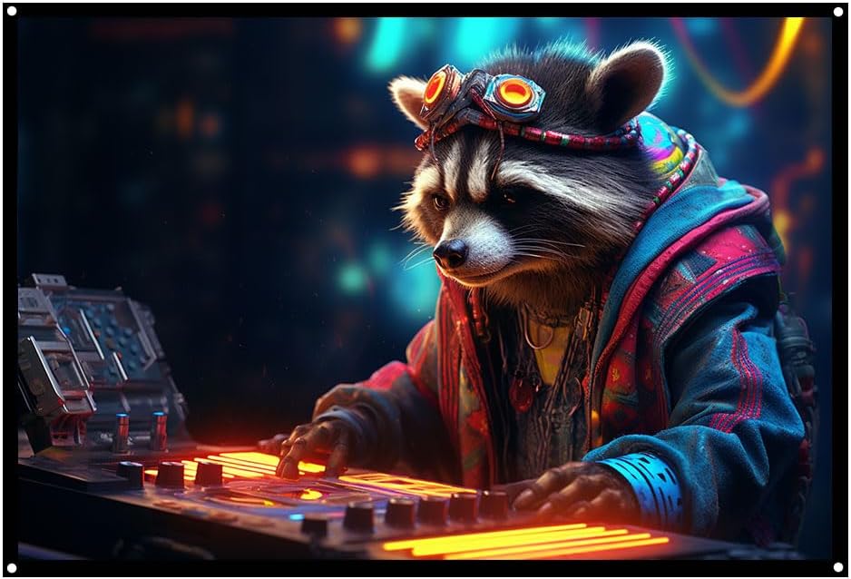 Cyberpunk Racoon DJ, UV tapestry, Blacklight Reactive Wall Hanging, Neon Backdrop, Party Decor, Psychedelic Tapestry, Visionary Wall Art (Large)