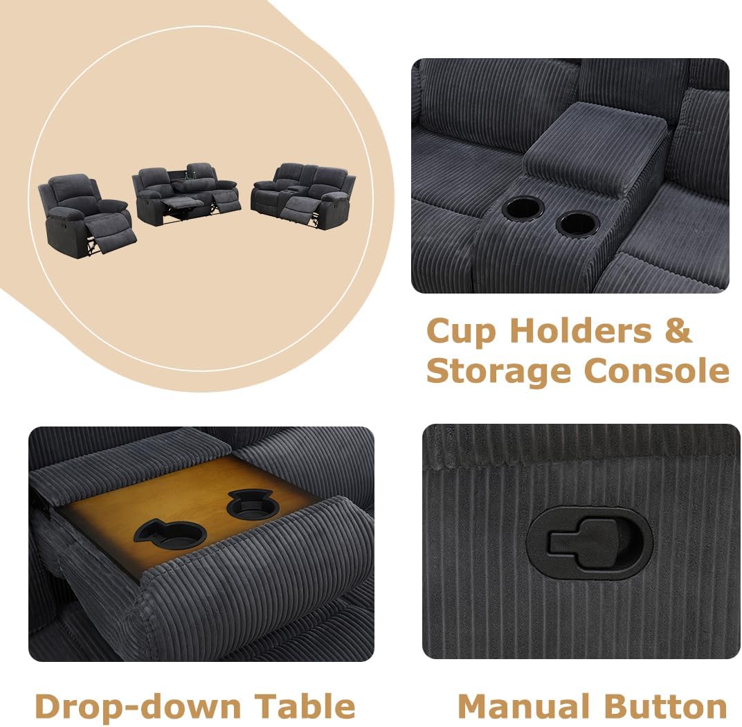 Living Room Furniture Set, Manual Reclining Sofa Set, Dark Grey Corduroy Recliner Couch Sets with Drop-Down Table, Recliner Sofa with Storage Console/Cup Holder for Living Room/Apartment