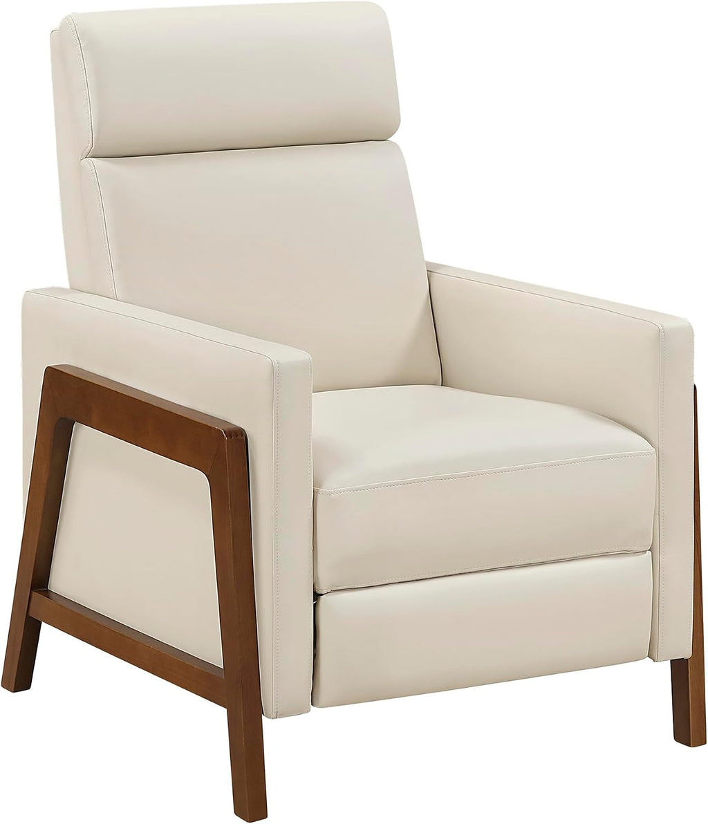 Lexicon Push Back Recliner Chair, Faux Leather Upholstered Reclining Chair with Footrest, Exposed Dark Brown Finish Wood Frame, Small Recliner for Small Space, Living Room, Bedroom, Light Beige