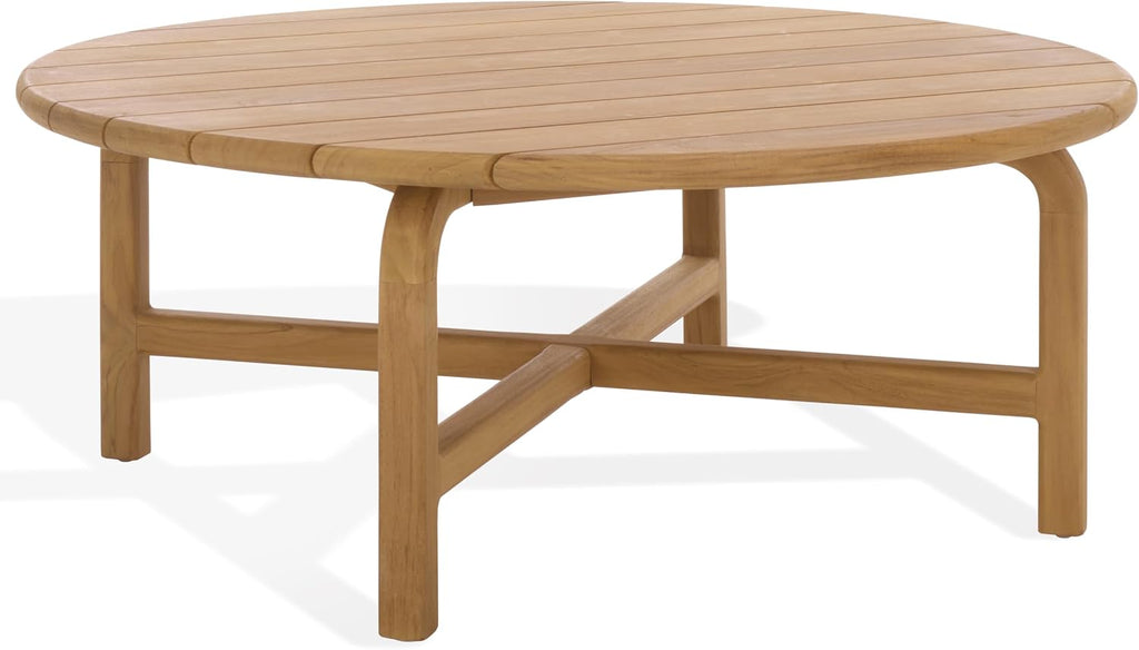 SAFAVIEH Couture Outdoor Patio Furniture Collection – Rogers Natural Teak Solid Wood Round Slatted Coffee Table, Modern Outdoor Living (CPT2015)