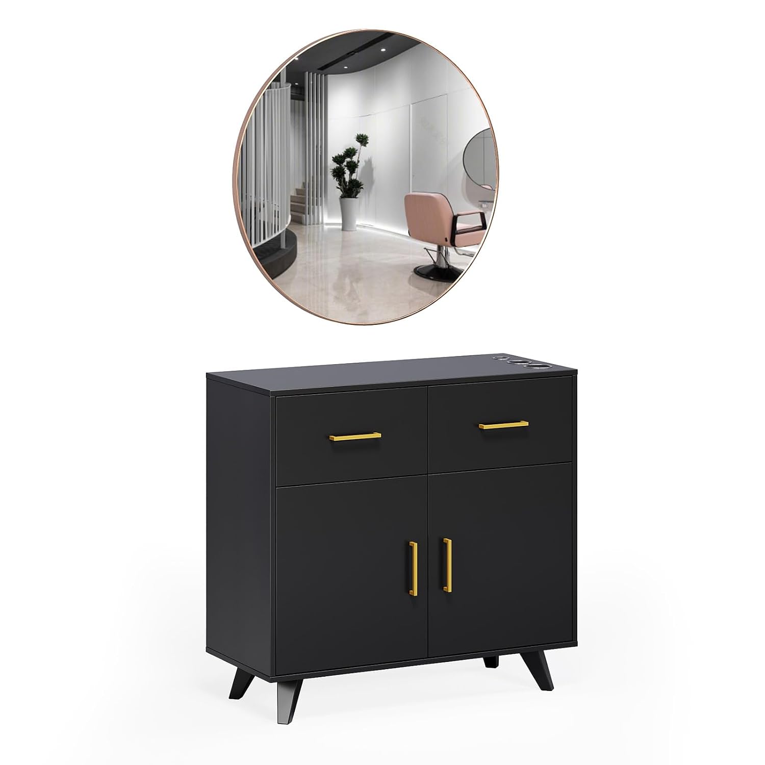 OmySalon Wall Mount Salon Station, Barber & Hair Stylist Station with Round Mirror, Hair Dryer Holders, Storage Cabinet & Adjustable Shelf, Beauty Spa Dresser, Black