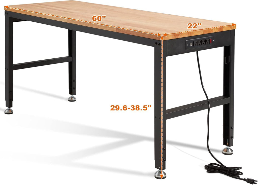 Haddockway Adjustable Workbench for Garage, 60' x 22' Rubber Wood Top Worktable with Power Outlets, Max 2000 Lbs Load Capacity Heavy Duty Workstation for Workshop Office Home (Black Frame, 60in)