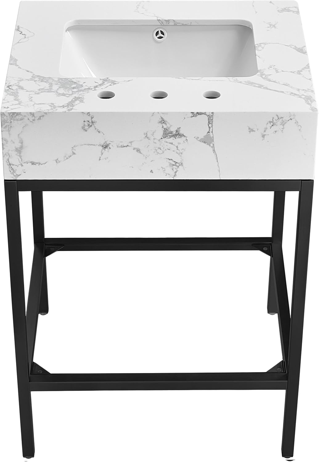 Meridian Furniture 407White-24 Marmo Collection Modern | Contemporary Bathroom Vanity with White Engineered Stone with Grey Veining, Matte Black Metal Base, 24' W x 21' D x 34' H, White