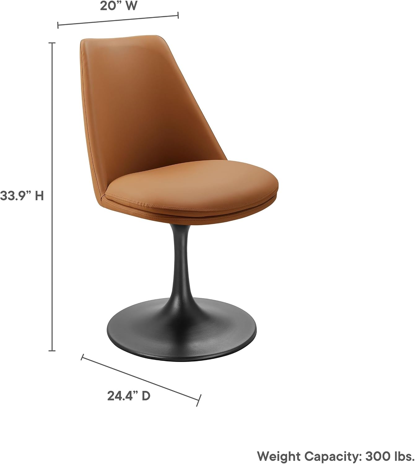 Modway Lippa Faux Leather Swivel Dining Side Chair in Black Tan - Armless Vegan Leather Accent Chair with Pedestal Base - 360° Rotating Office Chair with No Wheels