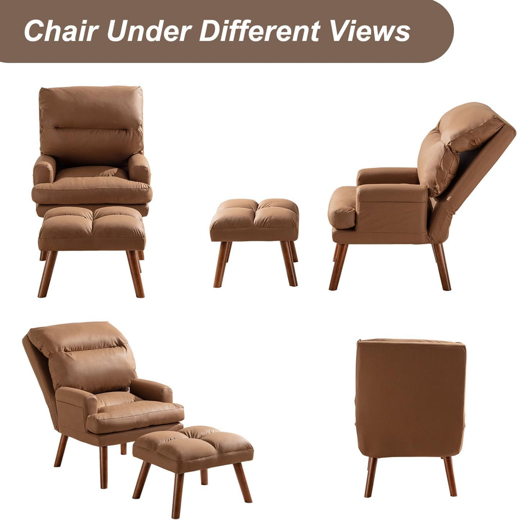 INZOY Accent Chairs with Ottoman, Velvet Fabric Armchair with Ottoman for Bedroom Living Room, Mid Century Modern Chair with Adjustable Backrest and Side Pockets, Camel