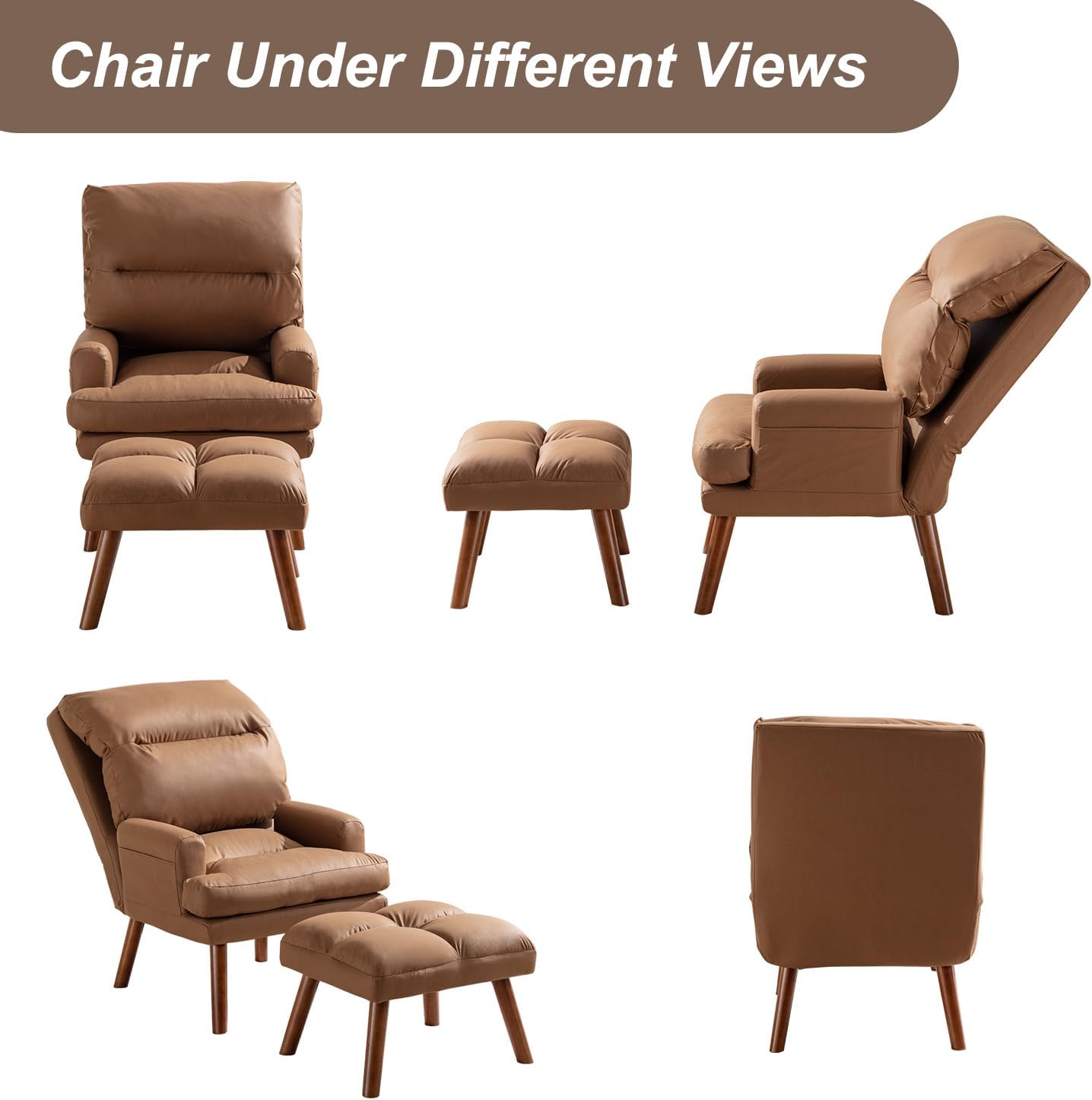 INZOY Accent Chairs with Ottoman, Velvet Fabric Armchair with Ottoman for Bedroom Living Room, Mid Century Modern Chair with Adjustable Backrest and Side Pockets, Camel