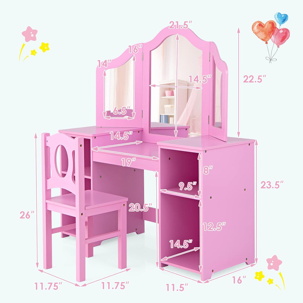AKUSTIK Kids Vanity, 2 in 1 Pink Wooden Dressing Table and Chair Set for Toddlers with Tri-Folding Detachable Mirror, Storage Shelves, Pretend Princess Beauty Make Up Play Set for Little Girls