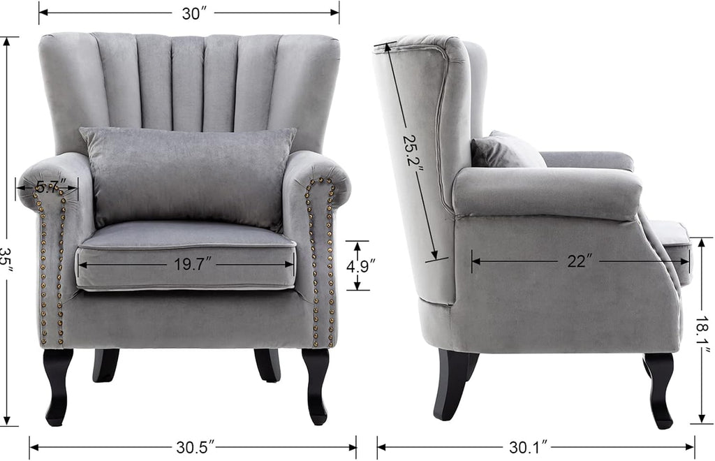 Kmax Grey Accent Chair Velvet Wingback Chair with Pillow Nail-Head Channel Tufted Oversized Club Chair for Living Room Bedroom Guest Room