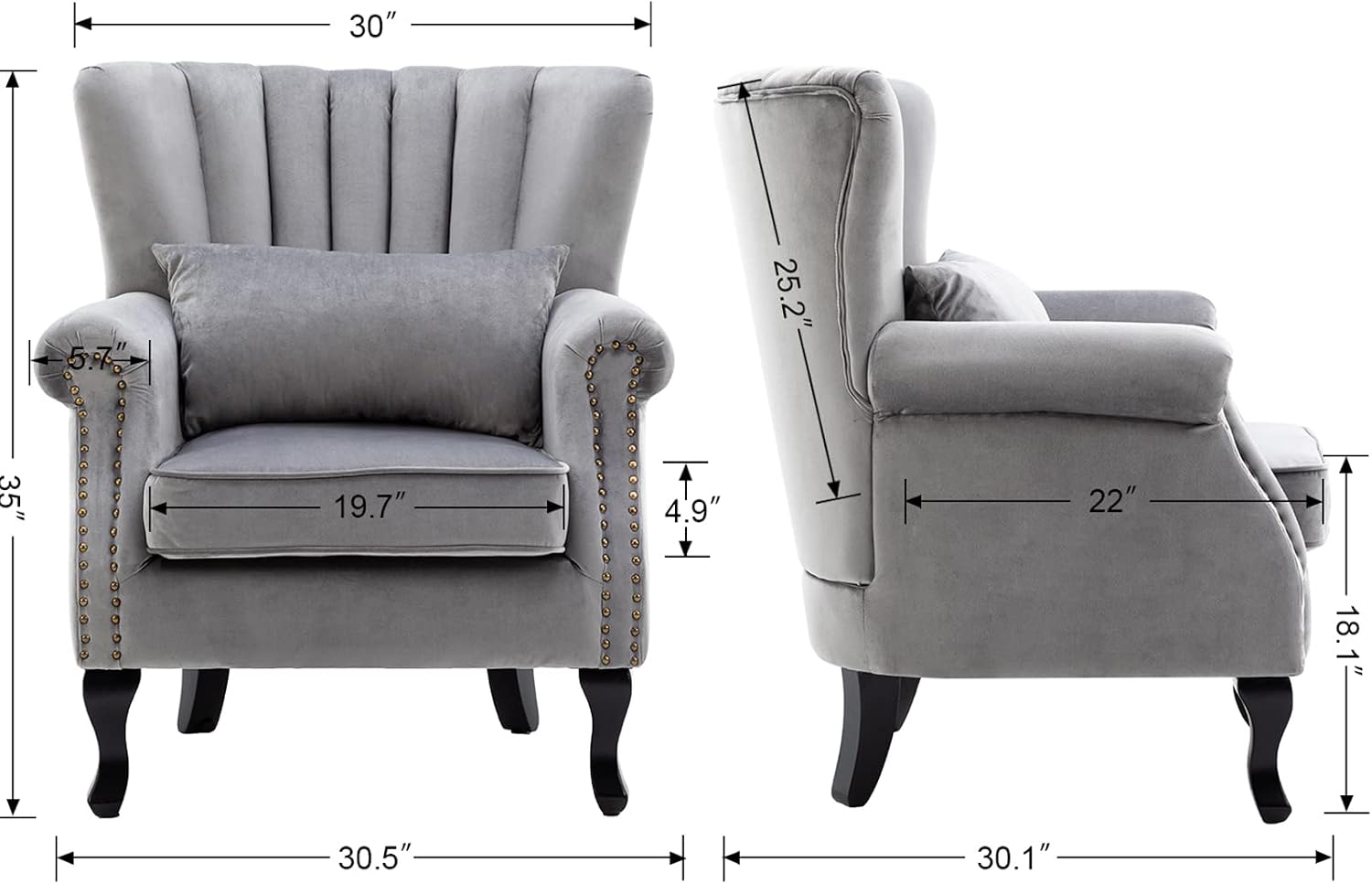 Kmax Grey Accent Chair Velvet Wingback Chair with Pillow Nail-Head Channel Tufted Oversized Club Chair for Living Room Bedroom Guest Room