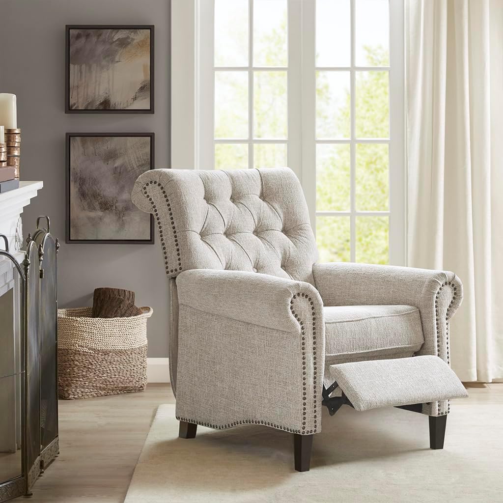 Madison Park Aidan Upholstered Manual Push Back Recliner Chair with Nailheads - Solid Wood, Plywood, Roled Back Button Tufted Accent Armchair Modern Classic Style Family Room Sofa Furniture, Cream