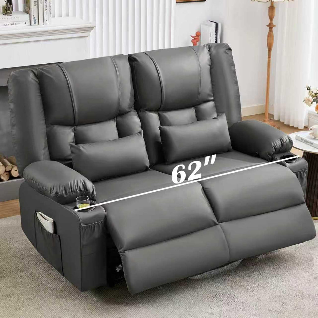 HRVEOCEI Grey Leather Loveseat Recliner with Massage/Heat, Oversized Recliner Couch & Reclining Loveseat with Cup Holders/Pillow, Manual Reclining Sofa for Living Room/Rv/Home Theater Seating (Grey)
