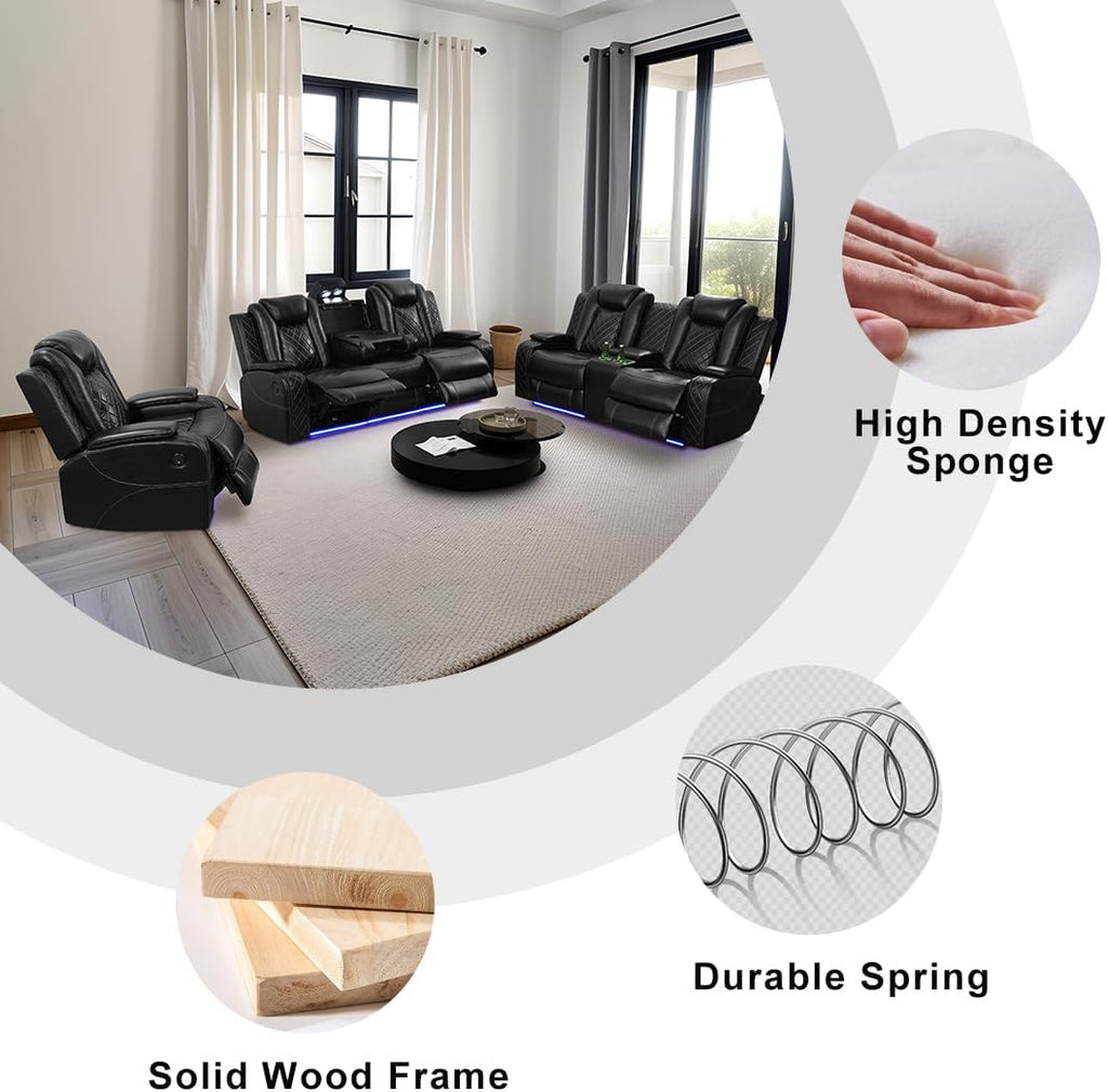 Power Recliner Sofa Sets, Living Room Furniture Sets, Black Modern Power Reclining Sofa, Loveseat and Chair with Cup Holders/Storage Console/LED Light for Living Room