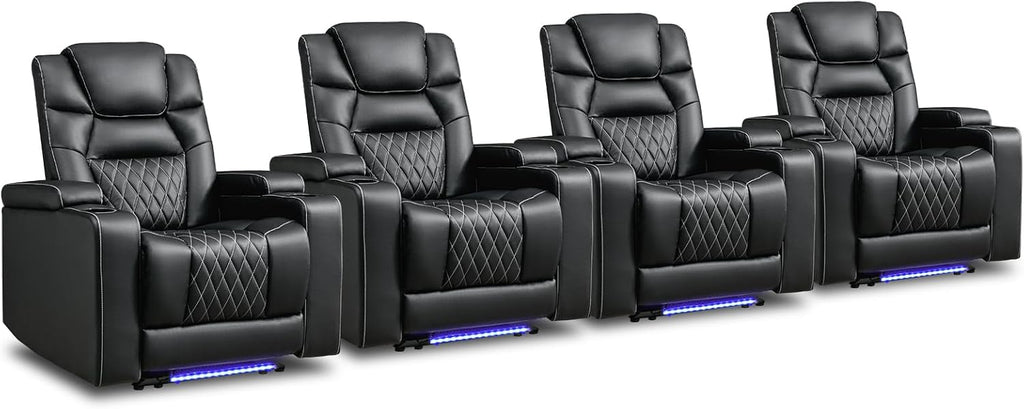 ANJ Power Recliner Chairs Set of 4, Electric PU Leather Home Theater Seating with Adjustable Recline,LED Light, Hidden Arm Storage, USB Port, Cup Holders – Breathable Backrest, FSC Wood Frame,Black