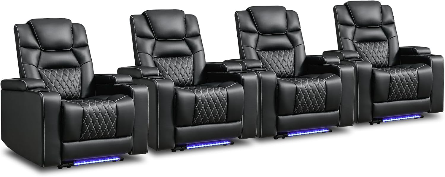 ANJ Power Recliner Chairs Set of 4, Electric PU Leather Home Theater Seating with Adjustable Recline,LED Light, Hidden Arm Storage, USB Port, Cup Holders – Breathable Backrest, FSC Wood Frame,Black