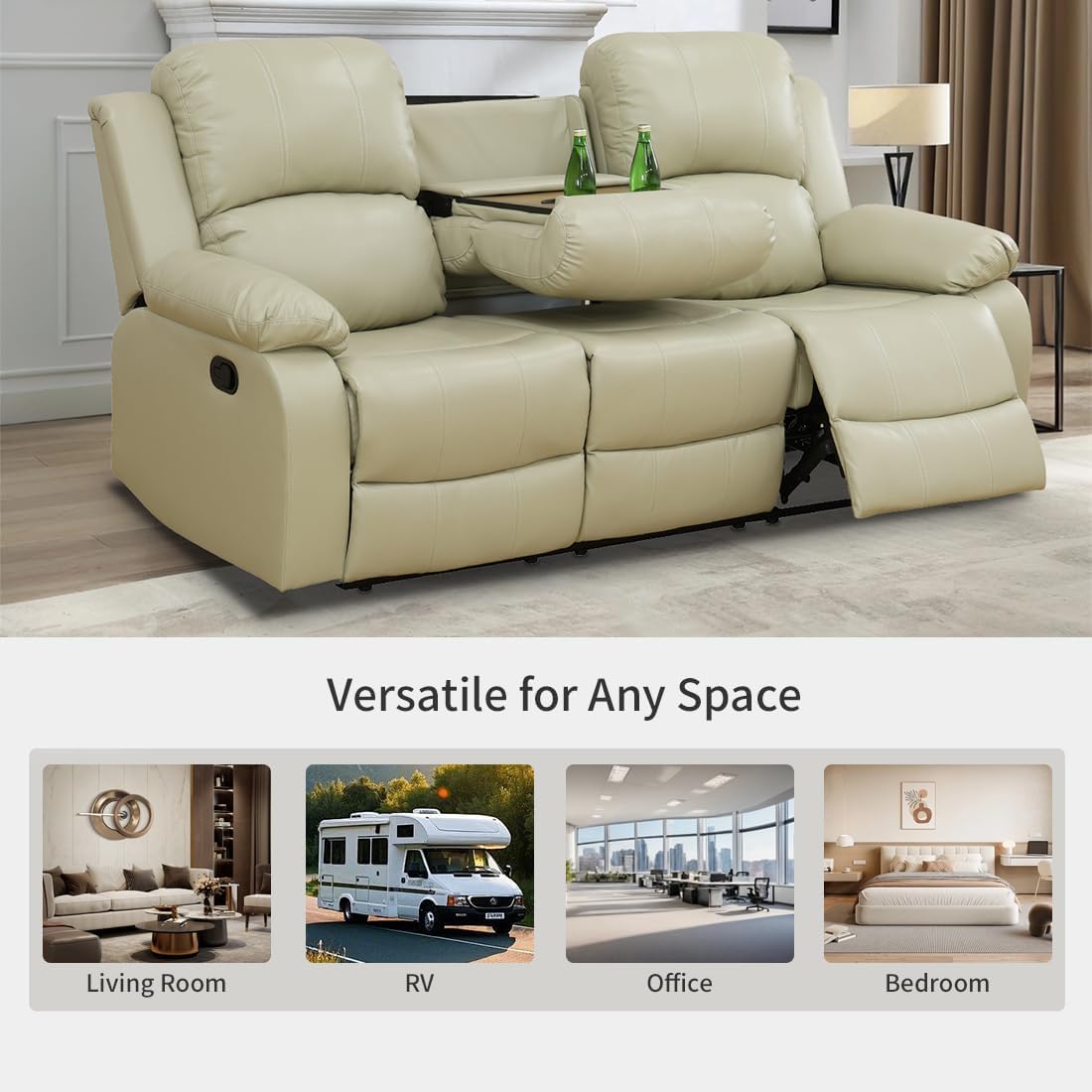Living Room Furniture Set, Manual Reclining Sofa Set, Beige Leather Recliner Couch Sets with Drop-Down Table, Recliner Sofa with Storage Console/Cup Holder for Living Room/Apartment