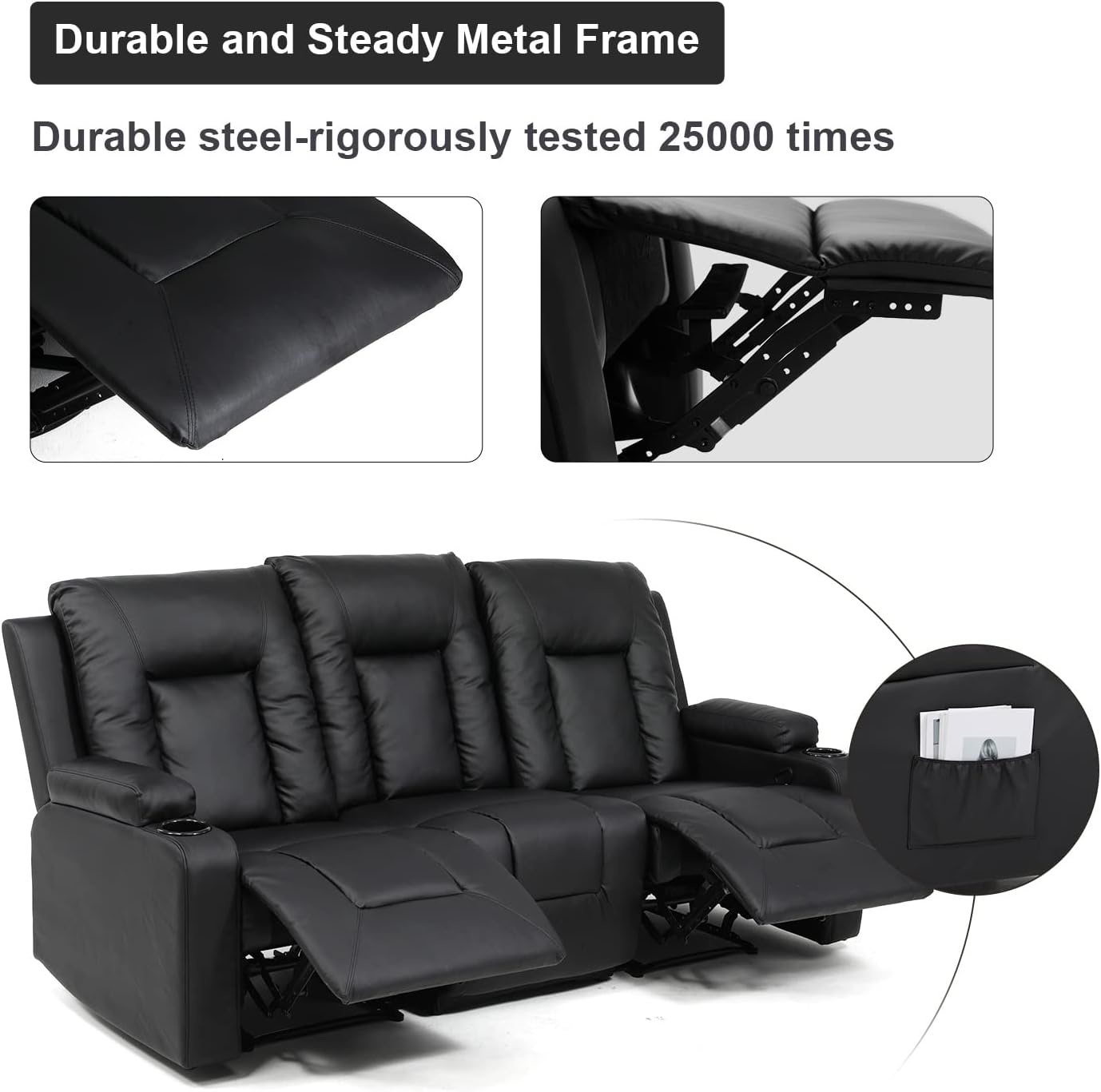 COMHOMA Recliner Chair Set, Leather Recliner Living Room Furniture Sets, Recliner Sofa Loveseat (Black,Living Room Set 3+1)