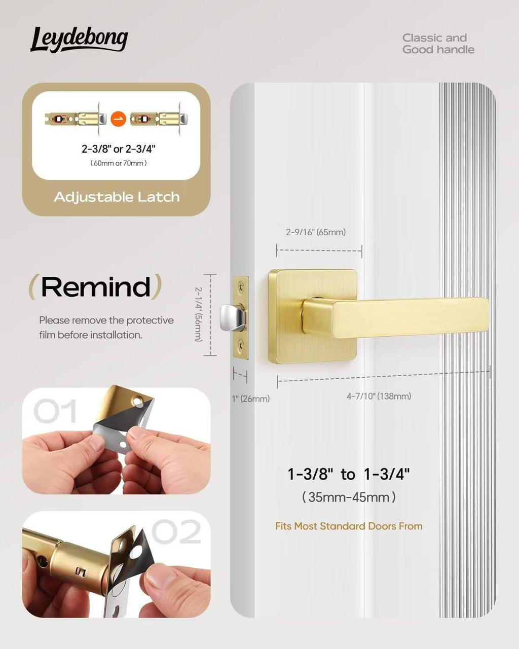 Leydebong 5 Pack Passage Door Handles, Satin Brass Door Knobs Interior, Hallway Closet Door Levers, Heavy Duty Square Door Handle, Reversible for Left or Right Handles