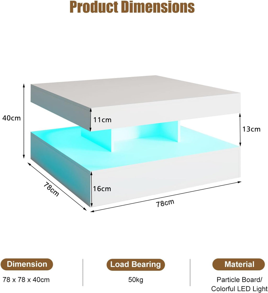 HedoAjim White LED Coffee Table for Living Room, Living Room Table 2-Tier Square Middle Center Table, Modern Coffee Tables with Storage, Wood Tea Tables for Dining Reception, Skin Feeling