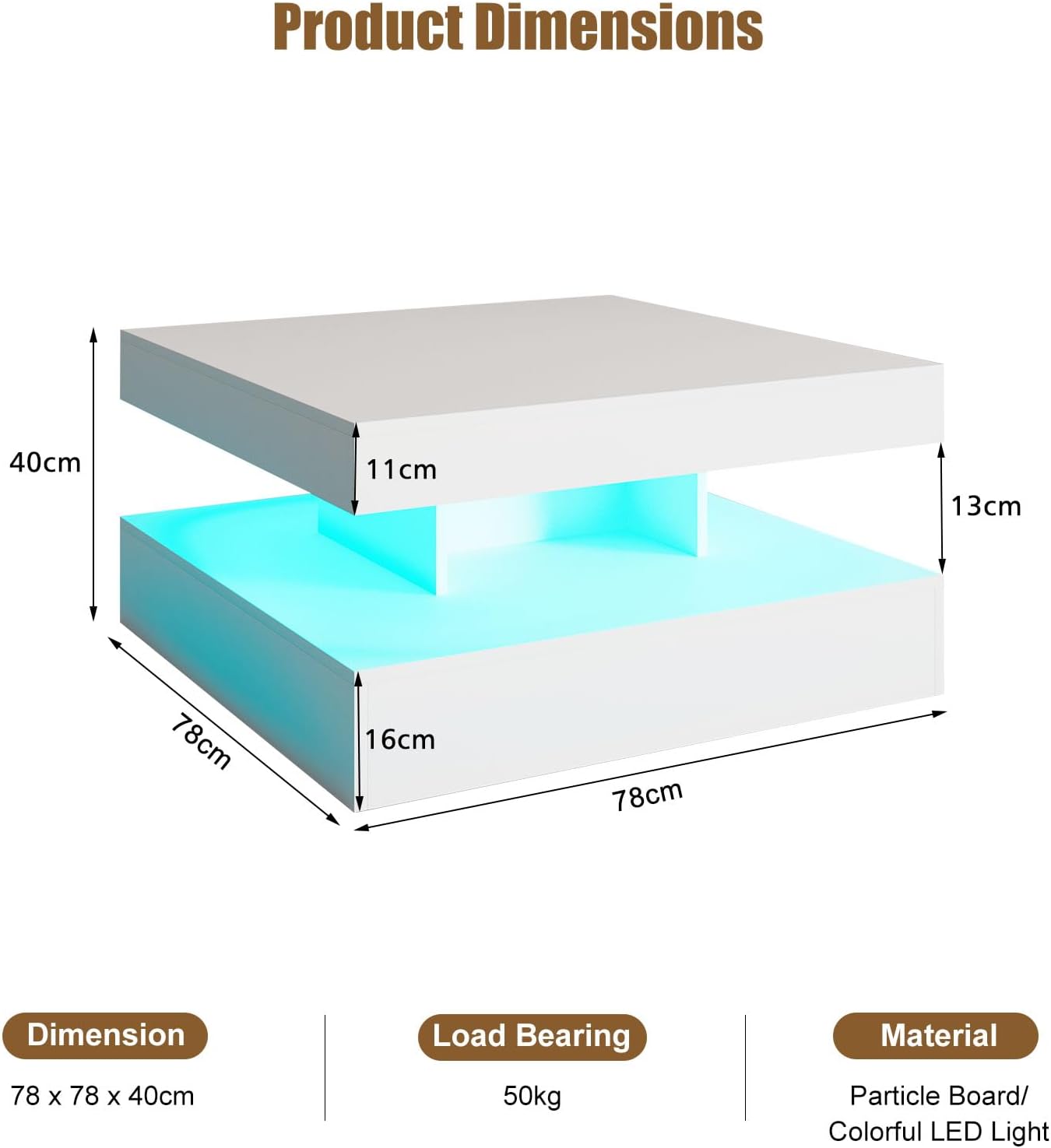 HedoAjim White LED Coffee Table for Living Room, Living Room Table 2-Tier Square Middle Center Table, Modern Coffee Tables with Storage, Wood Tea Tables for Dining Reception, Skin Feeling