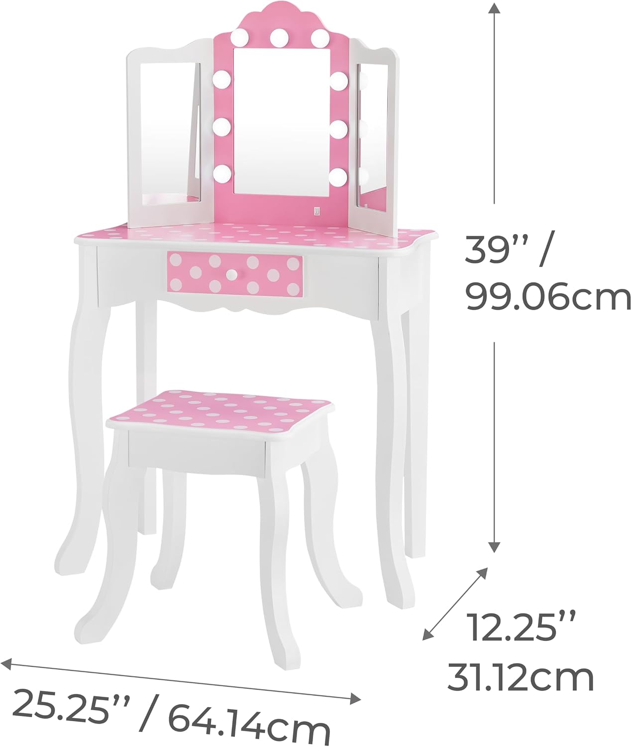 Teamson Kids - Fashion Polka Dot Prints Gisele Play Vanity Set with LED Lights - Pink/White