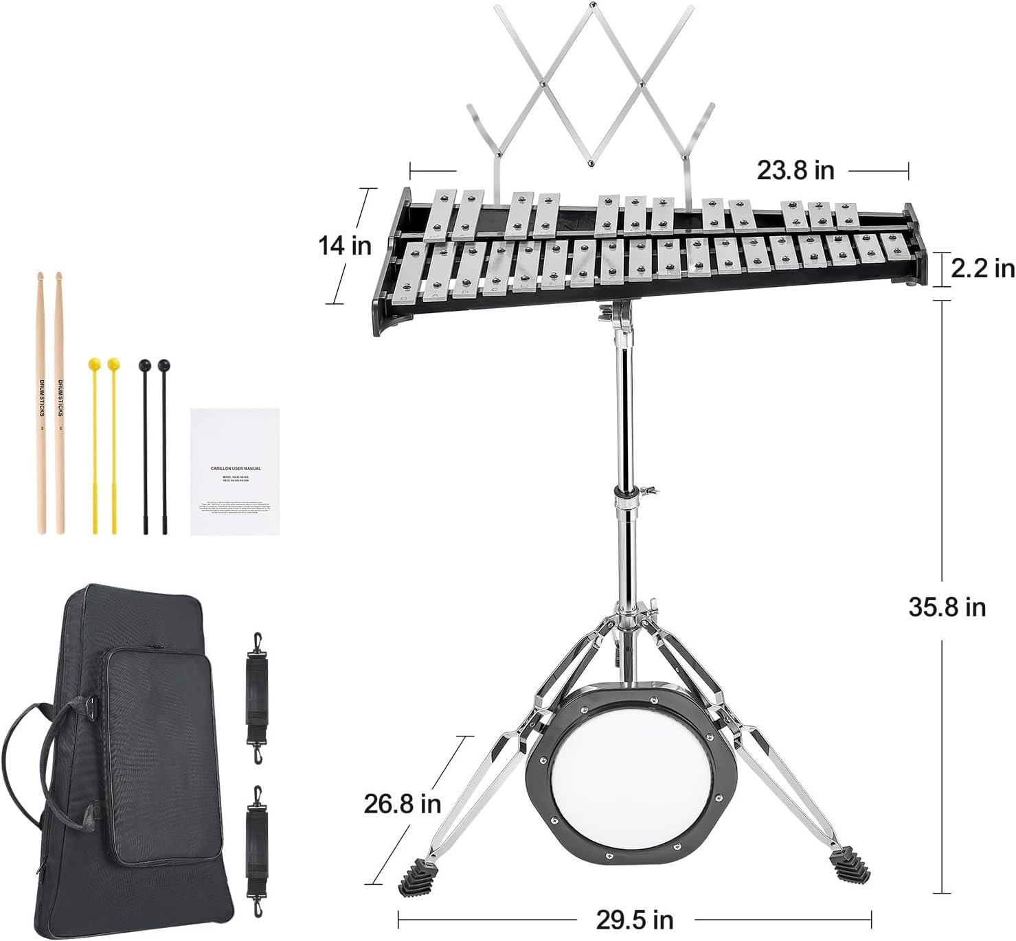 Happybuy 30-Note Glockenspiel Xylophone Bell Kit, Percussion Set with Mallets, Drum Sticks, Music Stand, 8' Practice Pad, Adjustable Stand, Carrying Bag, for Students & Adults
