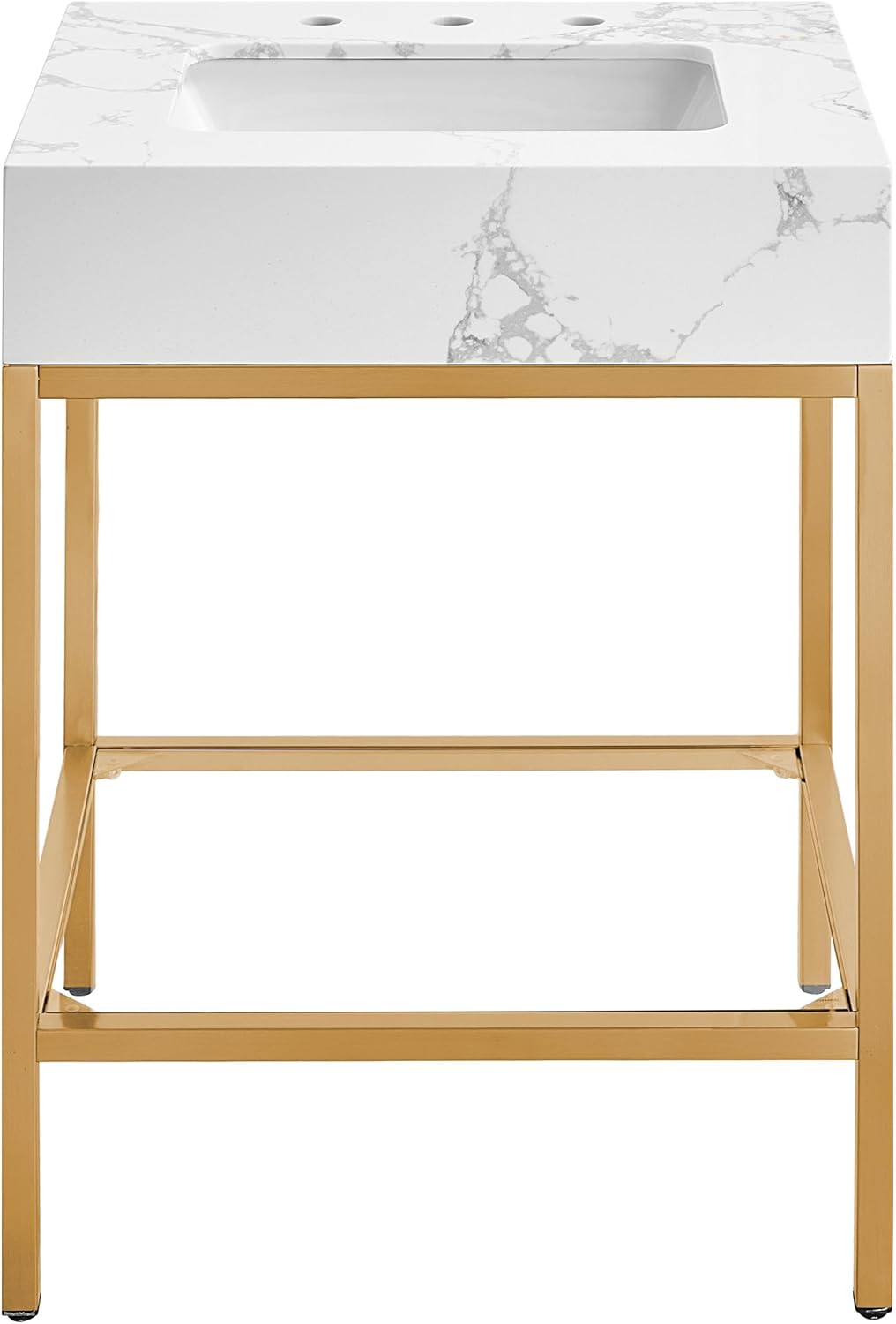 Meridian Furniture 406White-24 Marmo Collection Modern | Contemporary Bathroom Vanity with White Engineered Stone with Grey Veining, Brushed Brass Stainless Steel Base, 24' W x 21' D x 34' H, White
