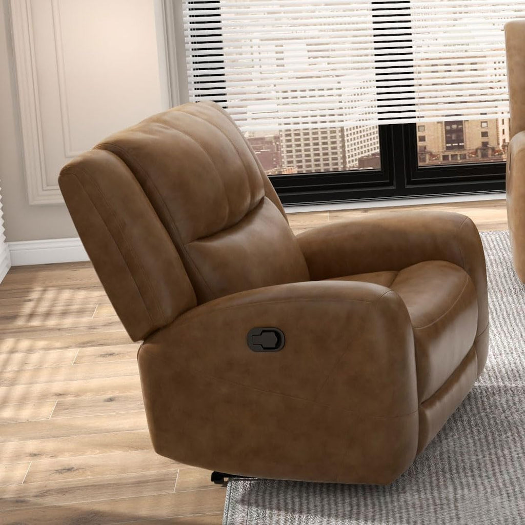 Furniture of America Merlin Modern Top Grain Leather Recliner Chair with Contour Armrest, Reclining Sofa, Wooden Comfortable Couch for Living Room, Bedroom, Office, Home Theater, Brown