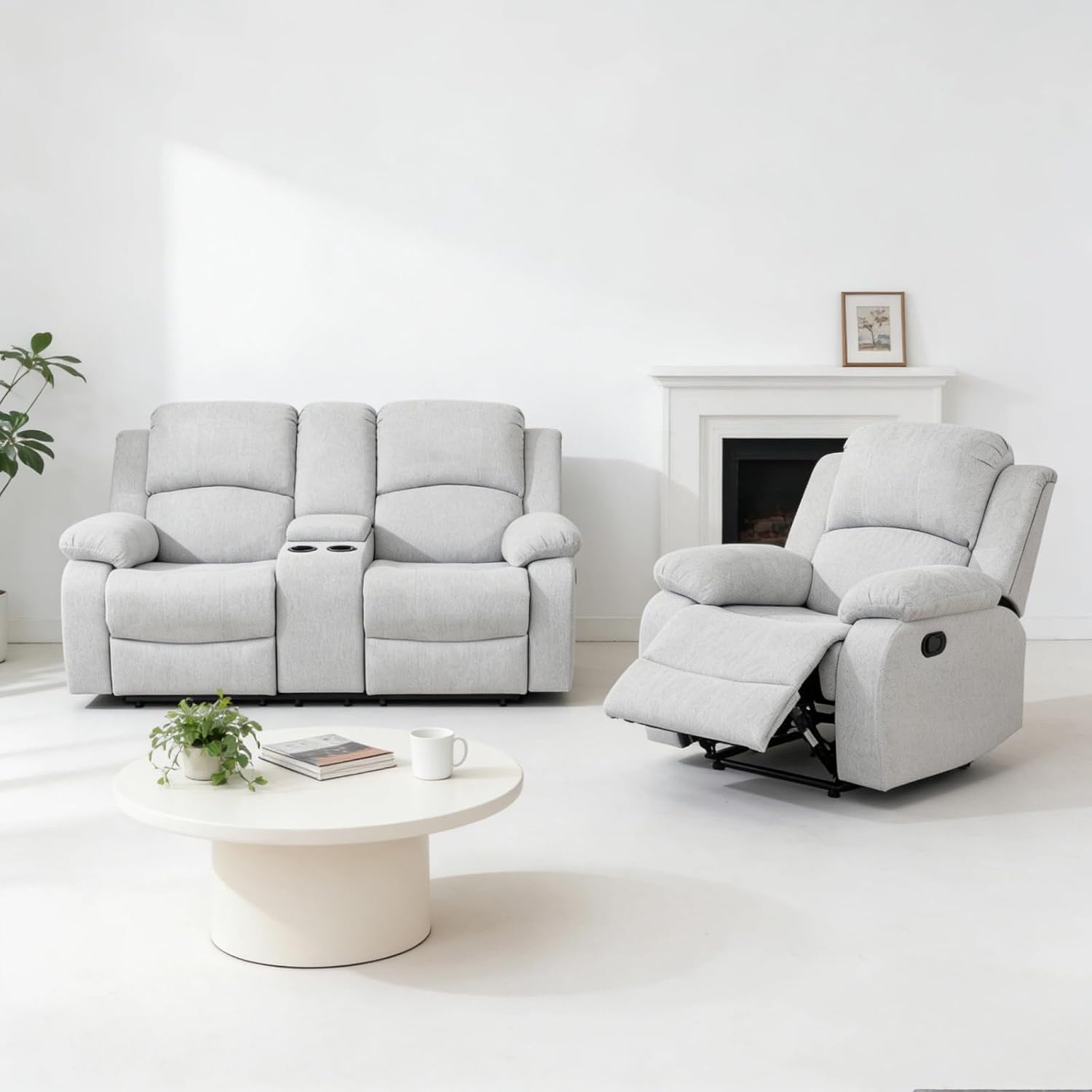 Manual Linen Recliner Sofa Set, Adjustable Backrest Reclining Loveseat Sofa & Recliner Chair with Storage Console & Cup Holders for House, Home Theater, Grey