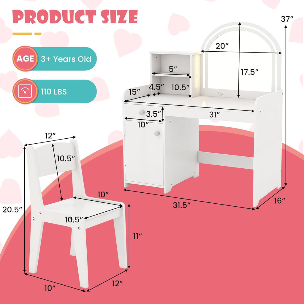 INFANS Kids Vanity, Princess Makeup Desk and Chair Set with Lights Mirror Drawer Storage Shelves, Wooden Dressing Table, Pretend Play Vanity Set for Girls