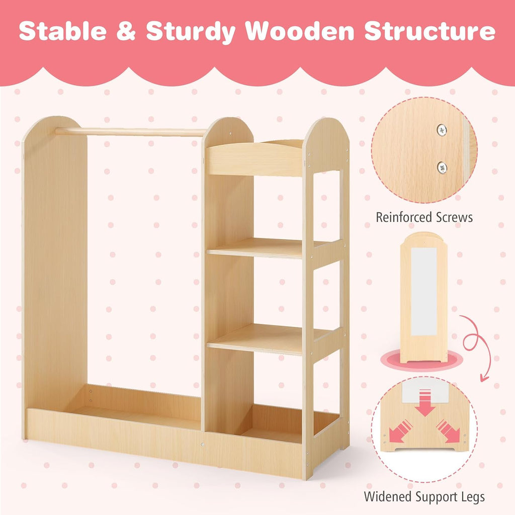 Costzon Kids Dress up Storage with Mirror, Clothes Rack, 3-Tier Shelves, Bottom Tray, Pretend Play Costume Dresser Organizer Center, Open Hanging Armoire Closet for Little Girls (Natural)