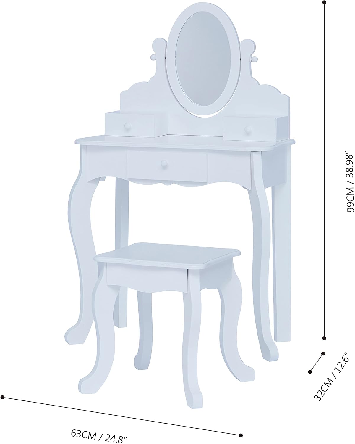 Teamson Kids Princess Rapunzel Wooden 2-pc. Play Vanity Set with Three Storage Drawers, Rotating Oval Mirror and Matching Stool to Play Dress-up, Princess or Beauty Shop, White