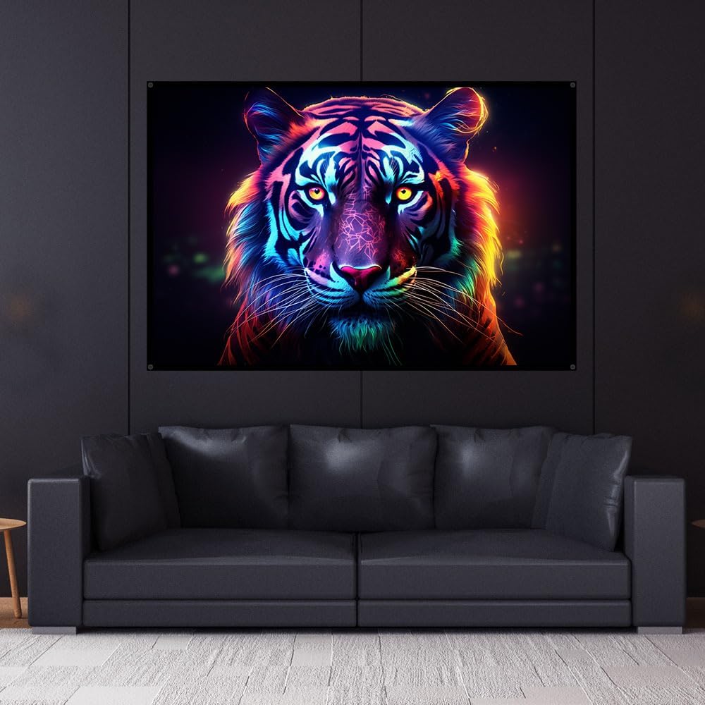 Tiger portrait, UV tapestry, Blacklight Reactive Wall Hanging, Neon Backdrop, Party Decor, Psychedelic Tapestry, Visionary Wall Art (Large)