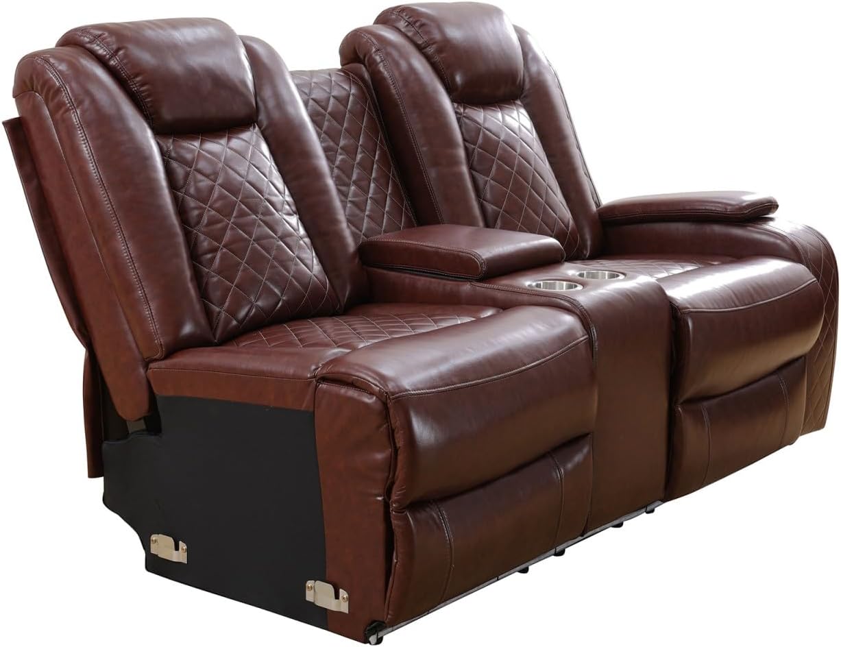 Reclining Sectional, Power Sectional Couch, Leather Sofa Set for Living Room, Comfy Home Theater Seating with USB 2.0 Charging Ports, LED Light Strips, Fold-Down Table & Cupholders (Red, 3-Piece)