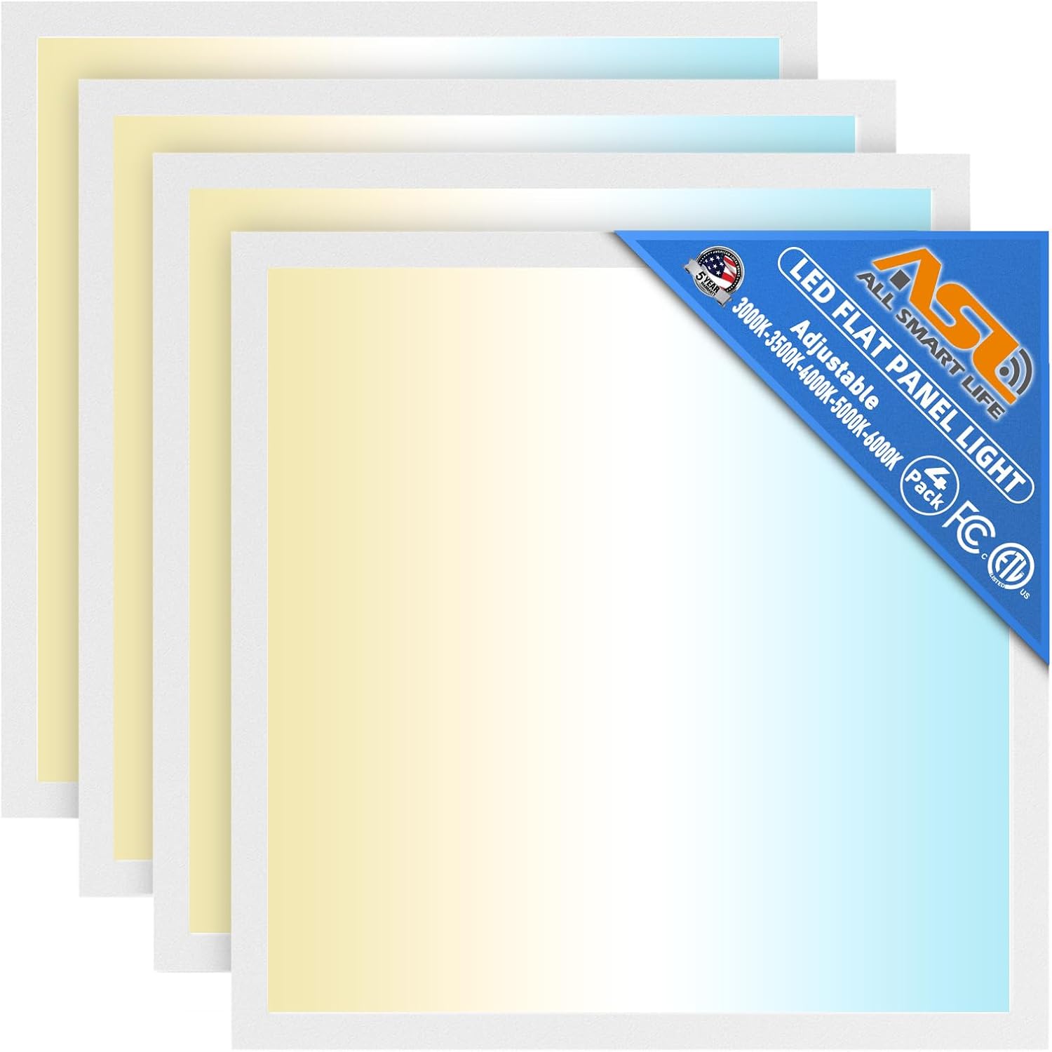 Allsmartlife 2x2 LED Flat Panel Ceiling Light 4-Pack, 0-10V Dimmable, 5CCT 3000K-3500K-4500K-5000K-6000K, MAX 60W/7200 Lumens, Back-Lit Drop Ceiling Light Fixtures, 100-277V 50/60Hz
