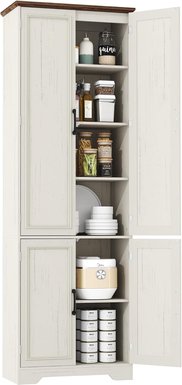 Function Home Farmhouse Kitchen Pantry Cabinet, 72' Tall Storage Cabinet with Doors and Adjustable Shelves, 6 Tier Freestanding Cupboard for Dining Room Living Room Bathroom, Antique White & Brown Top