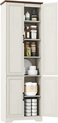 Function Home Farmhouse Kitchen Pantry Cabinet, 72' Tall Storage Cabinet with Doors and Adjustable Shelves, 6 Tier Freestanding Cupboard for Dining Room Living Room Bathroom, Antique White & Brown Top