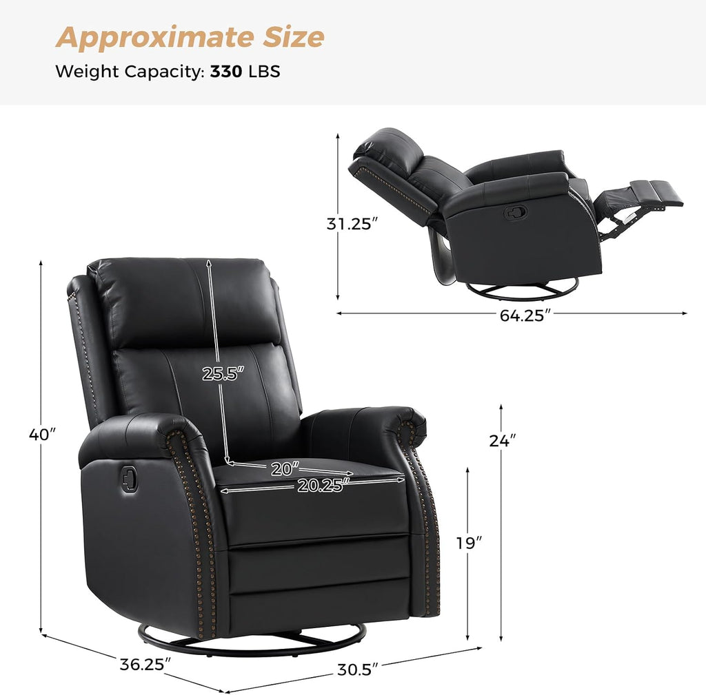 HULALA HOME Genuine Leather Swivel Rocker Recliners Set of 2 with Adjustable Backrest & Footrest,Manual Glider Recliner Chair with Swivel Base, Home Theater Sofa Armchair for Living Room Bedroom,BLACK