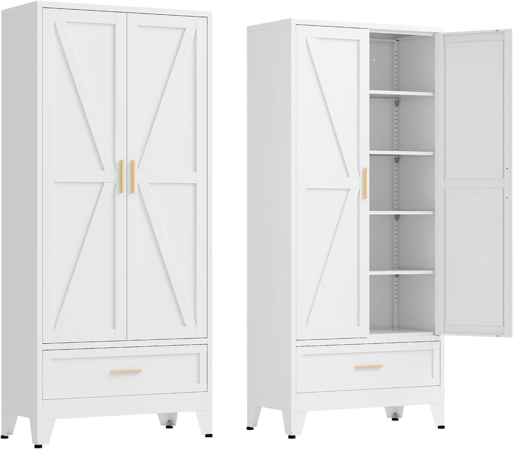 71' Tall Kitchen Pantry Cabinet,Farmhouse Pantry Cabinet,Metal Cabinet with Adjustable Shelves and Drawer,Storage Cabinet for Kitchen Dining Room Garage,White 1 Pack