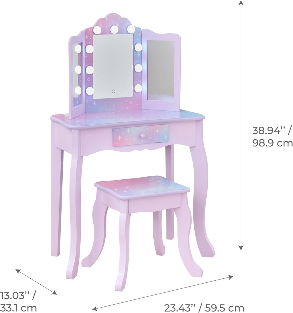 Teamson Kids Stardust Print Gisele Medium Vanity with LED Lights & Touch Sensor Mirror, Storage Drawer for Kids Pretend Play, Purple Elegant Dressing Table Set with Stool for Toddlers & Girls Ages 3+